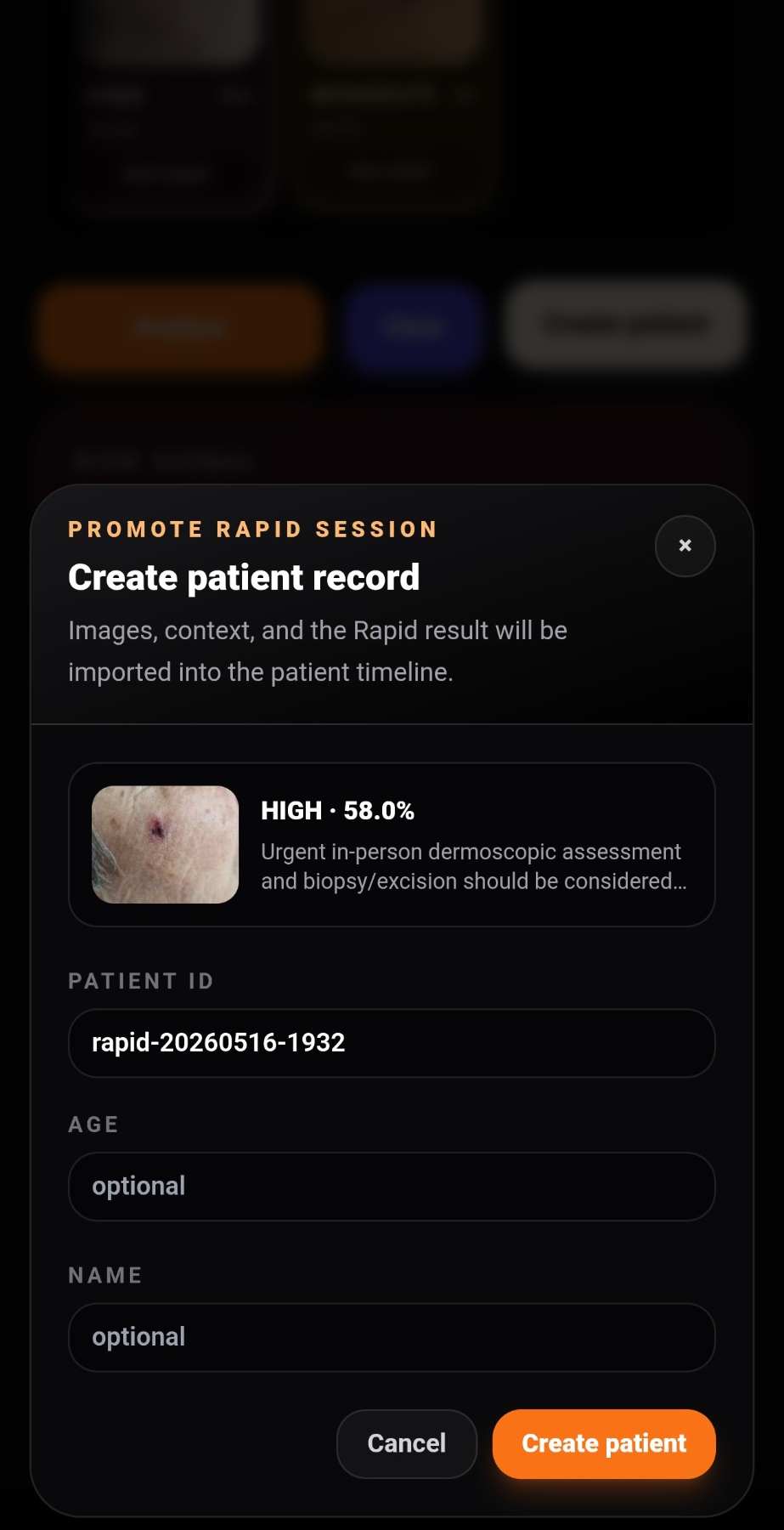 Promote Rapid session to patient record