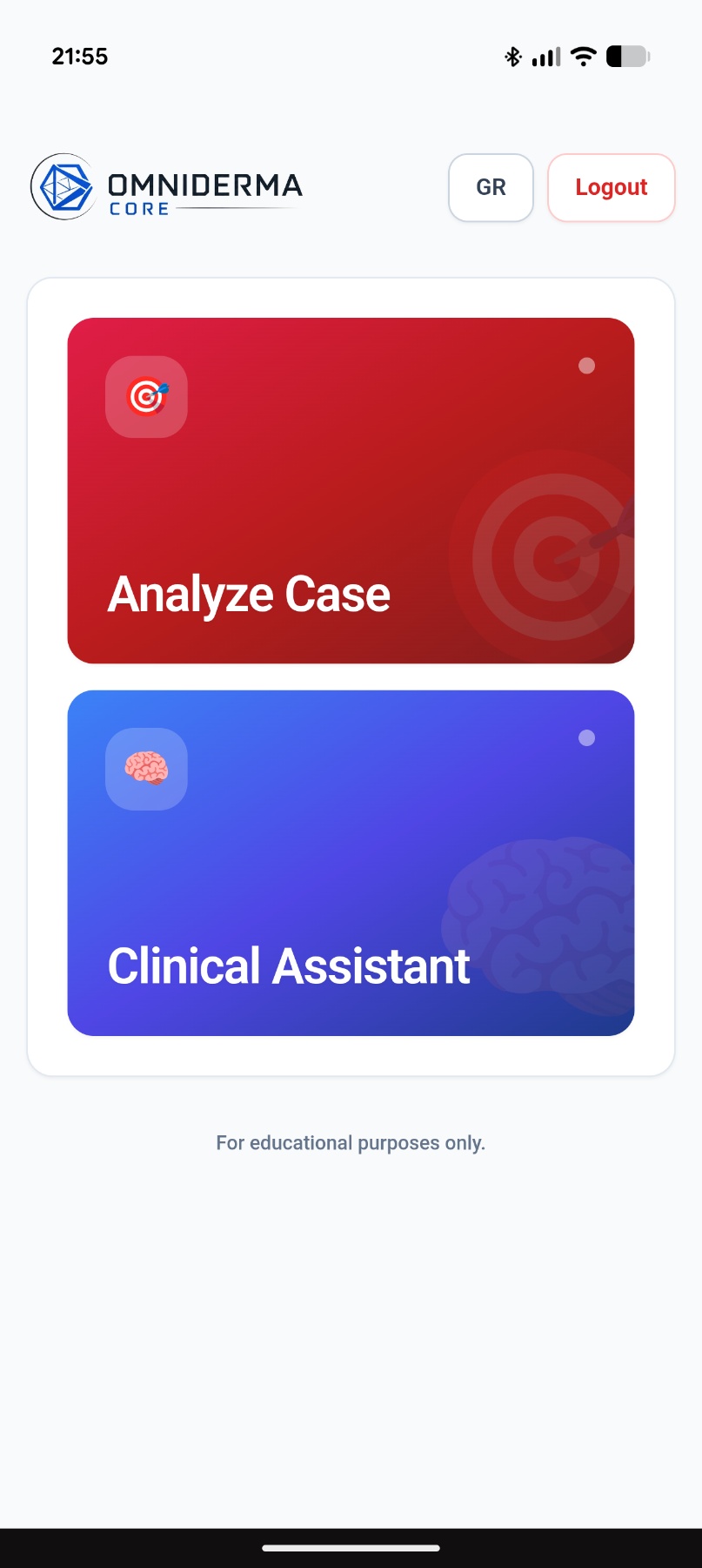OmniDerma Core home screen with Analyze Case and Clinical Assistant options